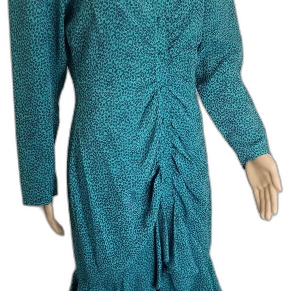 80s Green Micro Feather Long Sleeve Mermaid Wriggle Dress Large Vintage Fashion - Picture 3 of 11